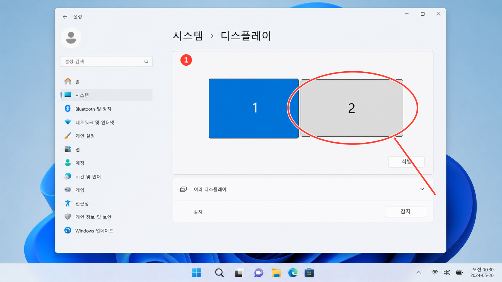 Windows 11 디스플레이 설정에서 외부 모니터가 감지된 화면