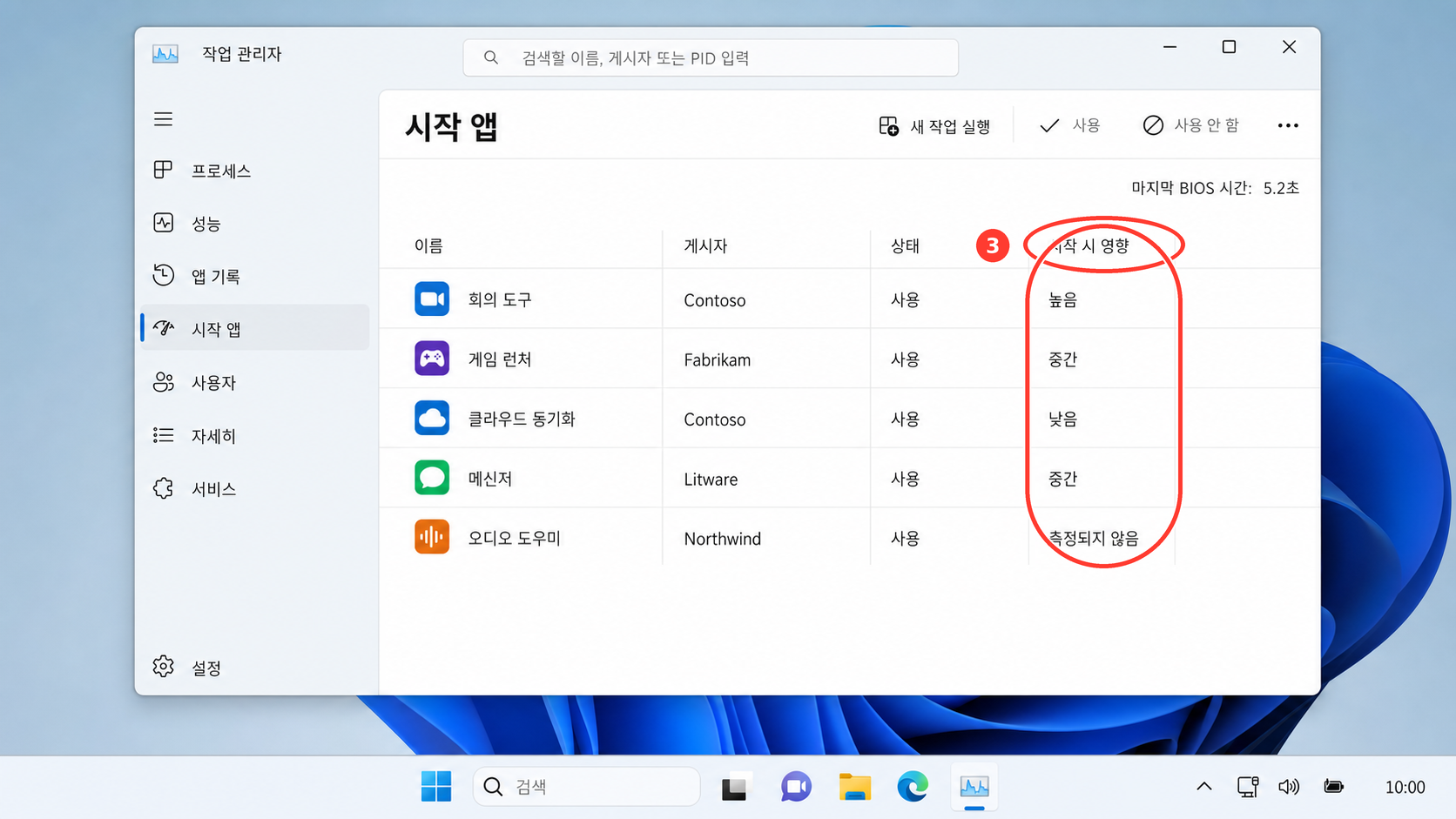시작 시 영향 열을 눌러 높은 영향 항목부터 정렬한 화면
