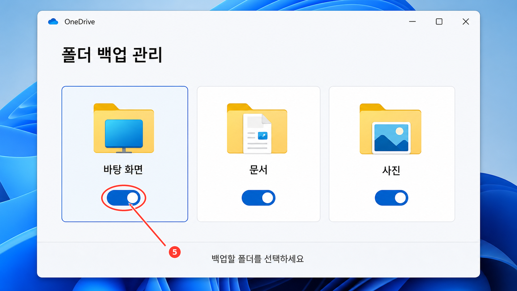 백업 관리에서 바탕 화면 토글만 끄는 위치