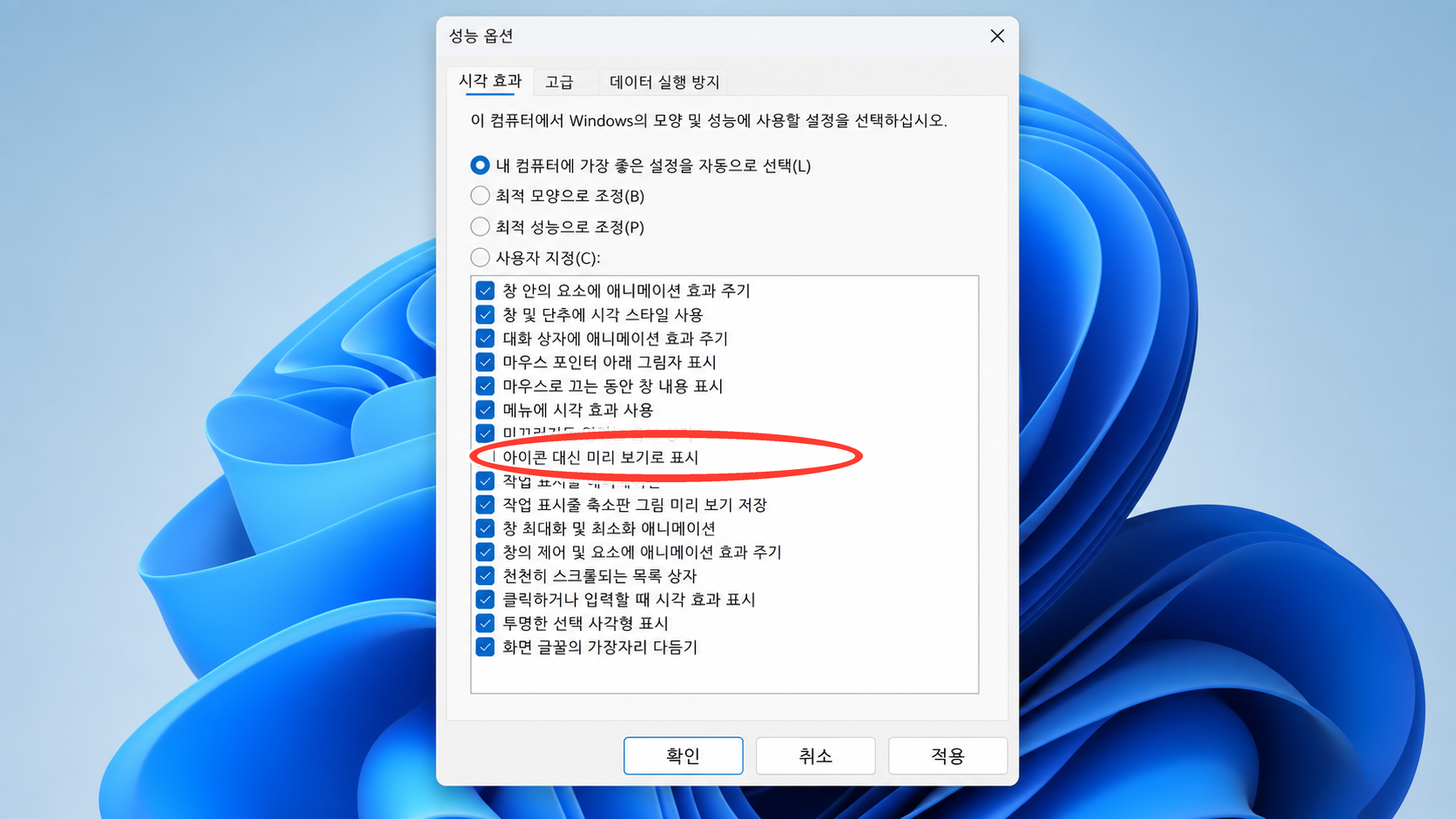 성능 옵션에서 아이콘 대신 미리 보기로 표시를 선택하는 화면